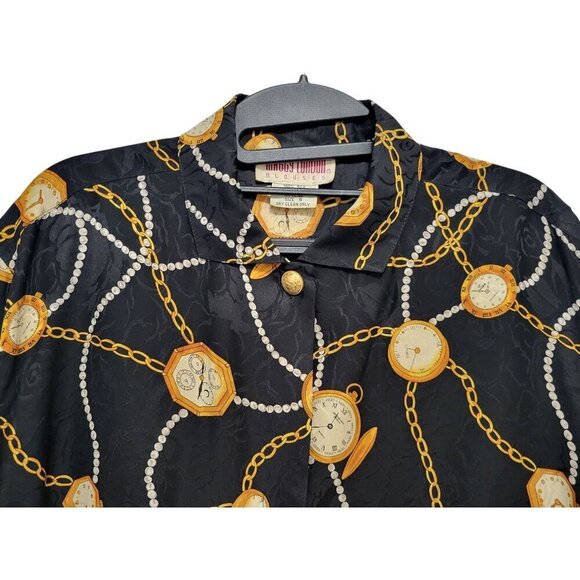 Vintage MAGGY LONDON Silk Blouse Gold Chain Pocket Watch Print - Picture 4 of 11